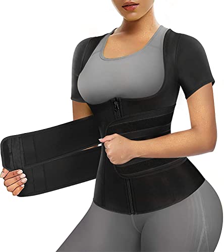 Chumian Chaleco Neopreno Sauna Mujer Fajas Reductoras Adelgazantes Mujer Camiseta Comprecion para Fitness Deporte Manga Corta (X-Large, Negro)