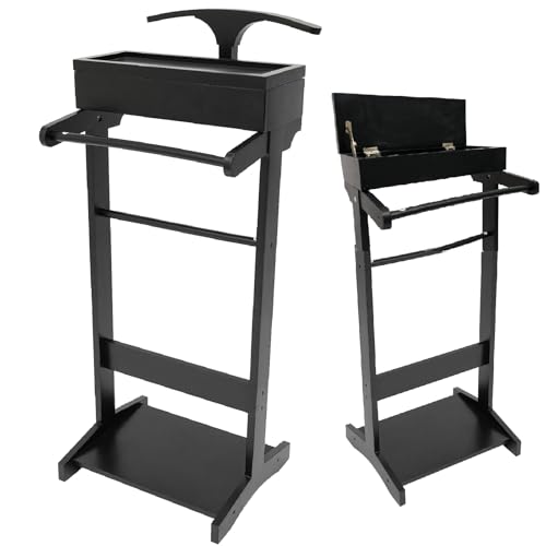 Wood Mens Valet Stand With Shoe Shelf, Coat Hanger and Hat Rack - Freestanding Suit Stand and Clothes Butler With Storage Organizer (Black)