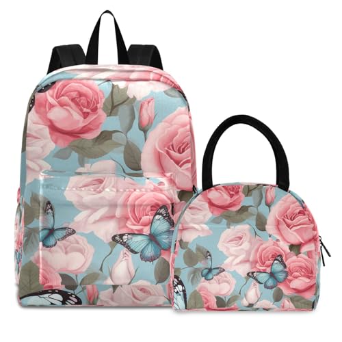 Flower Butterflies Lightweight Durable Student Backpack Set with Insulated Lunch Bag Large Capacity Kids Backpacks for Daily Use School Outdoor Travel Laptop Daypack 21215305
