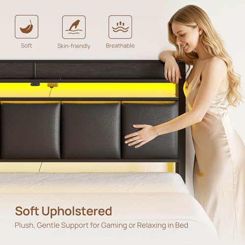 Image of Rolanstar Bed Frame Queen Size with Charging Station and LED Lights, Upholstered Storage Headboard with Drawers, Heavy Duty Metal Slats, No Box Spring Needed, Easy Assembly, Black