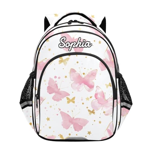 CHIFIGNO Mochila personalizada com nome para crianças, meninas, meninos, borboletas, rosa, estrelas douradas, mochila escolar personalizada