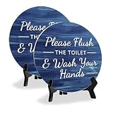 Round Please Flush The Toilet & Wash Your Hands, Washed Blue Wood Color Bathroom Table Sign with Acrylic Easel (5 x 5") 2 Pack