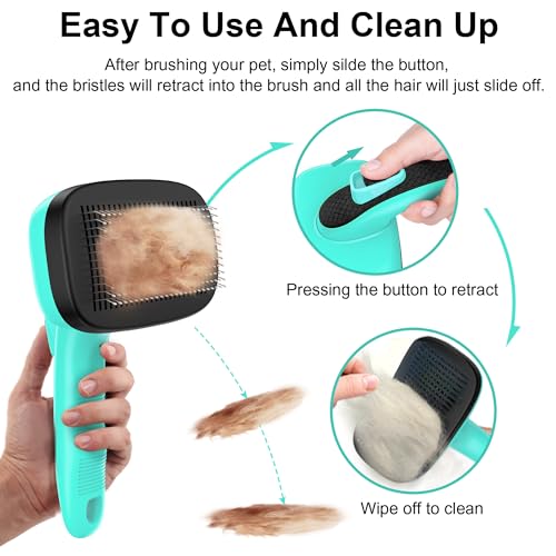 Self Cleaning Slicker Brush for Dog & Cats, Skin Friendly Deshedding Grooming Tool for Shedding Long and Short Haired Pets, Easy Clean Retractable Bristles, Green