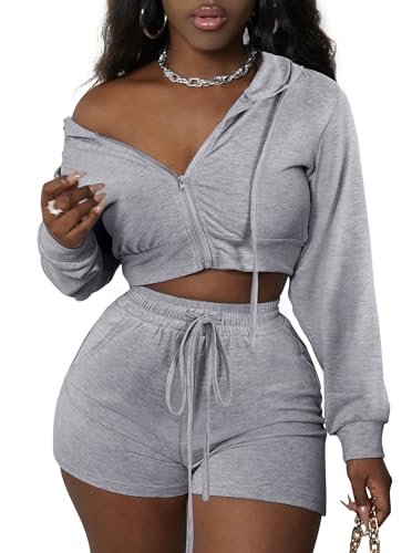LovelyWholesale Women 2 Piece Outfits Long Sleeve Crop Zipper Hoodie and Shorts Tracksuit Set