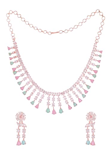 Image of Yellow Chimes Jewellery Set for Women and Girls American Diamond Jewellery Set | Rosegold Rhodium Plated AD Necklace Set for Women | Birthday Gift for Girls & Women