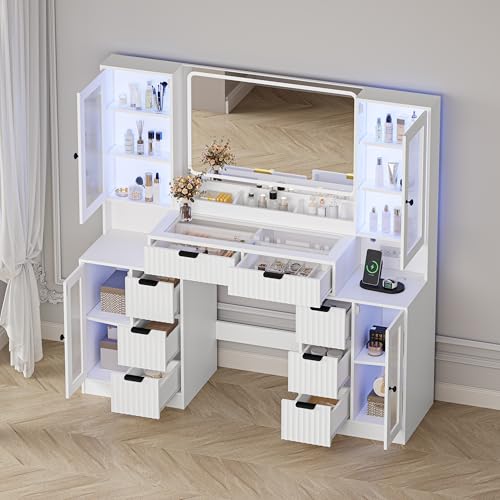 Image of Fluted Makeup Vanity Desk with Mirror and Lights, 55 inch Glass Top Vanity with 8 Drawers & 4 RGB Glass Cabinets, Adjustable Shelves & Power Outlet, Modern Dressing Table Set for Women Girls Bedroom