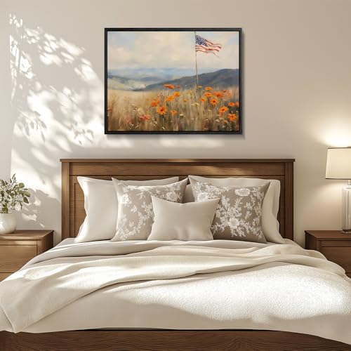 Image of American Flag Framed Canvas Wall Art, 4th of July Floral Canvas Prints, Wildflower Meadow Landscape Patriotic Decorations, Vintage Rustic Independence Day Wall Decor for Bedroom Living Room 8x10