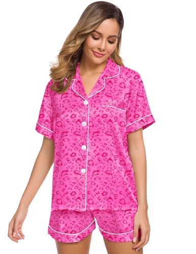 Image of SWOMOG Womens Silk Satin Pajamas Set Short Sleeve Sleepwear Button Down Top and Shorts Loungewear 2 Piece Pjs Set XS-3XL