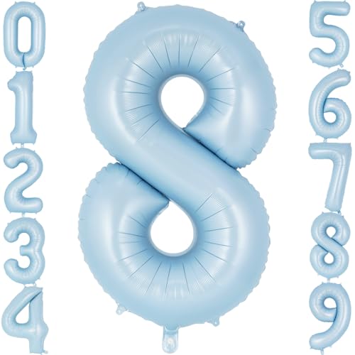 Image of Light Blue Number 8 Balloon, 40 Inch Big Large Foil Number Balloons, Giant Mylar Number 8 Balloons for 8 Year old Birthday Baby Party Decorations Supplies Anniversary
