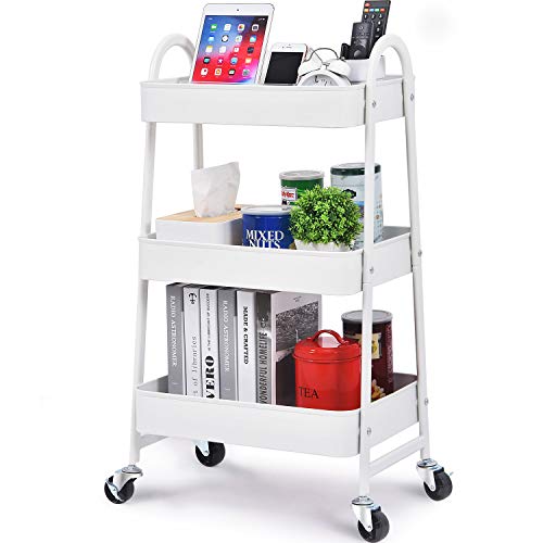 Image of KINGRACK 3-Tier Rolling Cart, White, Sturdy Steel Frame, Easy Assembly, 3 Large Baskets, Ideal for Office, Kitchen, Bathroom Storage