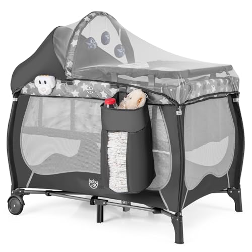 Image of BABY JOY 4 in 1 Pack and Play, Portable Baby Playard with Bassinet, Adjustable Canopy, Changing Table, Lockable Wheels, Music Box, Travel Baby Crib Bassinet from Newborn to Toddler
