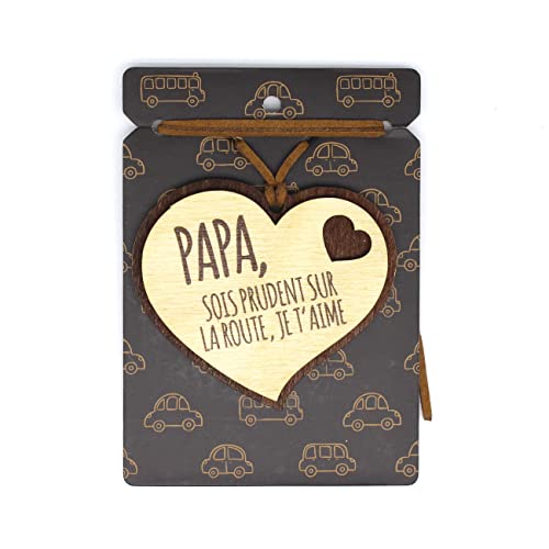 power gift PAPA SOIS PRUDENT SUR LA ROUTE, JE T'AIME Pendentif pour rétroviseur. En bois 2 épaisseurs avec cordelette en cuir.Cadeau original qui vient du cœur pour vos proches.(02) Cover