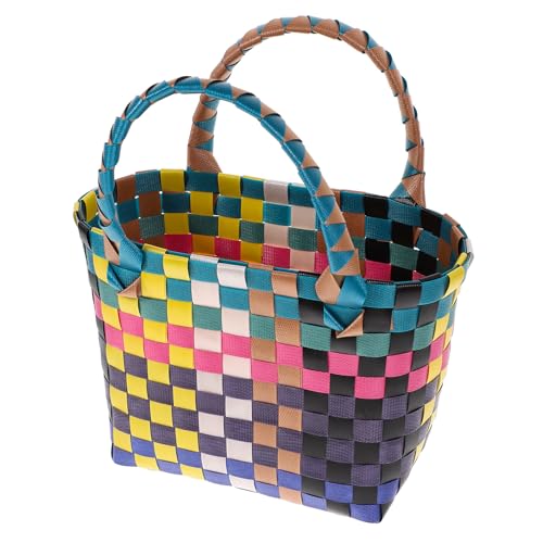 Homoyoyo Cesta Tejida de PVC con Asa para Almacenamiento Multifuncional Cesta Rústica de Frutas y Verduras para Picnic Camping y Hogar Color Azul y Café Tamaño Mediano