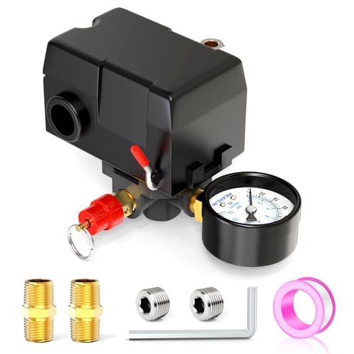 MEANLIN MEASURE Air Compressor Pressure Switch Control Valve 110-150 PSI 110V-240V 4-way Replacement Parts With 0-200 Pressure gauge and Safety Pressure Relief Valve