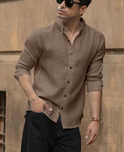 Image of NexaFlair Men's Shirt Regular Fit Solid Pattern Linen Cotton with Long Sleeve Collared Neck Standard Length and Button Down Closure Type | Mens Casual Shirts | Man's Formal Shirts