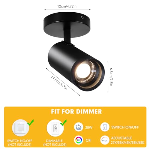 Image of 2Pack Zoomable Ceiling Spot Lights Indoor 5 Color Adjustable 20W Ceiling Spotlight Fixture Led Flush Mount Directional Black Dimmable Led Spotlight Fixture for Home Wall Art Pictures