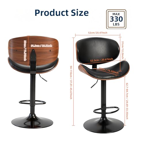 Image of HealSmart Swivel Bar Stools Set of 2, PU Leather, Adjustable Height Bentwood BarStools with Ergonomic Back and Footrest, Ideal for Bar Stools for Bar Counter, Home Kitchen, Dining Room, Black