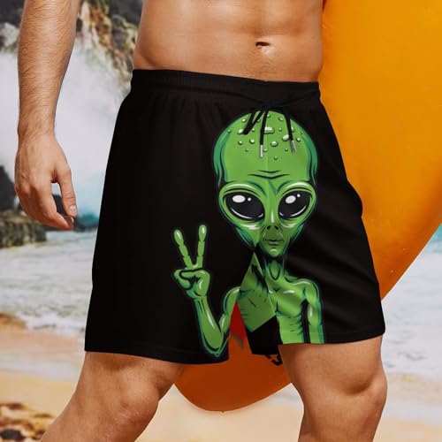 Mens Swim Trunks with Compression Liner, Space Alien Printed Beach Board Shorts4