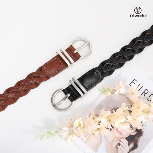 2 Pack Women's Leather Braided Skinny Belts Woven Thin Waist Belts for Jeans Pants Dresses, K-black+brown-silver Buckle4