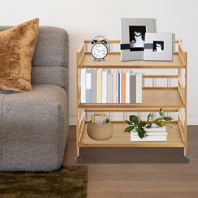 3-Tier Bamboo Rolling Cart, Kitchen Serving Cart, Storage Rack Utility Mobile Trolley with 4 Wheels for Home Bar Living Dining Room (27.5x11.8x32.3in)-oBJRLiIg