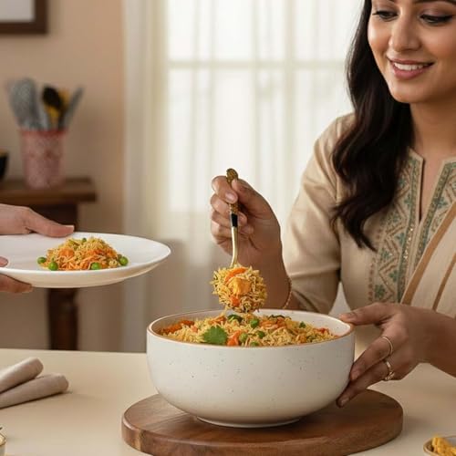 Image of The Earth Store White Matte Large Ceramic Bowl Set of 1, 800 ML | Microwave & Dishwasher Safe Serving Bowl for Mixing | Perfect for Serving Salad, Cereal, Noodle, Pasta | Home & Restaurant Use