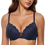 WingsLove Women's Push up Bra Floral Lace Padded Underwire Bra Demi Plunge (Navy Blue 34DD)