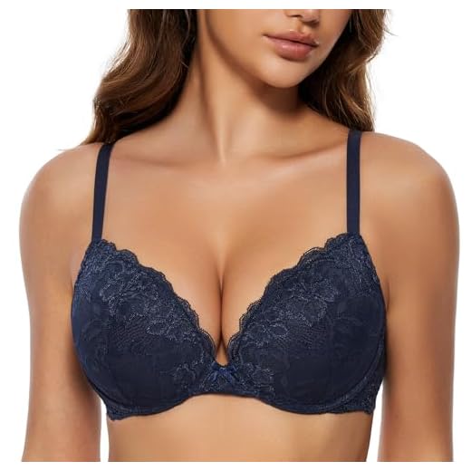 Wingslove Damen Push Up BH mit floraler Spitze gepolsterter Bügel BH Komfort BH, Marine Blau, 32C / 70C
