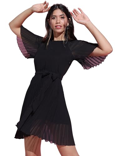 Image of Tokyo Talkies Women's Elegant A-Line Dress with Belt & Pleated Dress- Sophisticated Full-Sleeve Style for Any Occasion