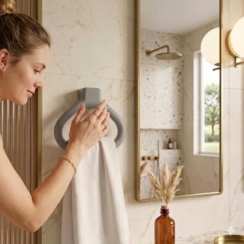 Image of Branco Modern Wall Mounted Towel Ring Holder | Self Adhesive Towel Ring for Bathroom | Premium Plastic Bathroom Hand Towel Hanger, Durable & Rust-Free, Easy Installation (Metallic Grey)