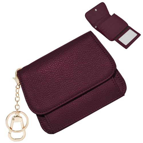 Image of Women Small Wallet RFID Blocking Slim Wallet with Coin Pocket Tri-Fold Credit Card Holder with ID Window and Keychain (Burgundy)