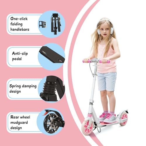 Image of Scooters for Kids, Led Light-Up Rear Wheel, 4 Adjustable Height Dual Brakes,Foldable 8in Big Wheel Scooter, Shock Absorption, 2 Wheel Kick Scooter for Adults, Teens, Up to 300 Lbs
