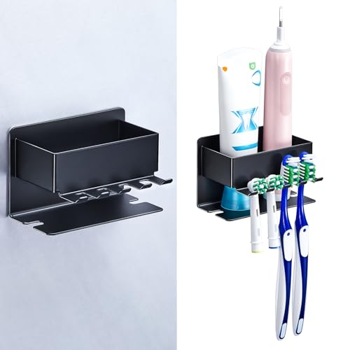 Image of Toothbrush Head Holders, Electric Tooth Brush Head Holder, Adhesive Toothpaste Holder for Shower Bathrooms, Wall Mounted Tooth Brushing Holder Organizer Storage (Black, Small)