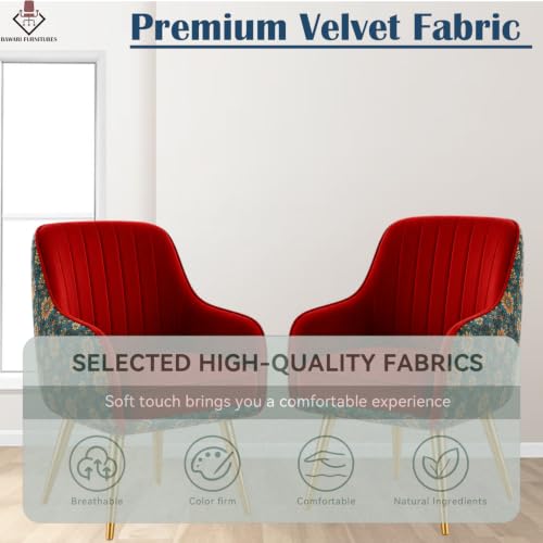 Image of Set of 2 Accent Chair for Living Room | Modern Armchair in Soft Velvet Fabric with Sturdy Legs | Premium Chair for Home Living Room Bedroom Restaurent | (Gold Legs, Red Floral)