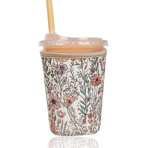Image of Reusable Insulated Sleeve for Iced Coffee Cup, Coffee Neoprene Sleeve for Cold & Hot Drinks, Beverage Holder for Iced Coffee (Bloom Magic, Small: 16-18oz)