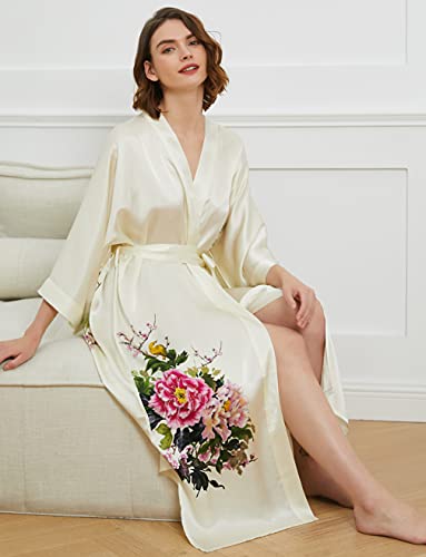 Ledamon Women's 100% Silk Kimono Long Robe - Classic Colors And Prints (Ivory-B) #TOP5