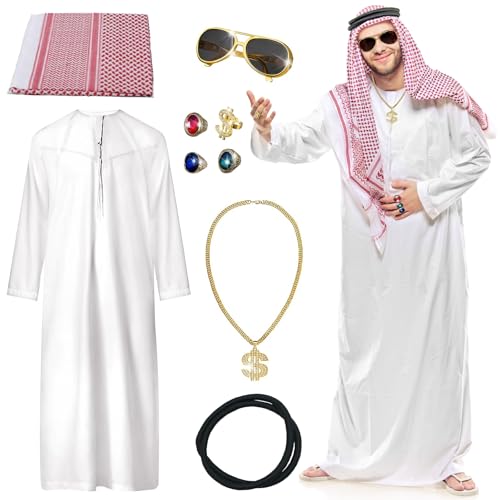 Pardofelis Scheich Kostüm Herren Araber Kostüm Arabisches Weißes Gewand mit Kopftuch Finger Ring Halsketten Sonnenbrillen Karneval Scheich Kostüm Set für Fasching Party Cosplay (M)