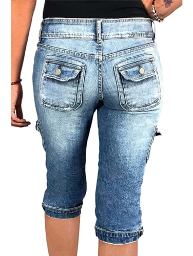 Flamingals Women's Star Flap Pocket Side Vintage Summer Low Waist Skinny Cargo Capris Jeans2