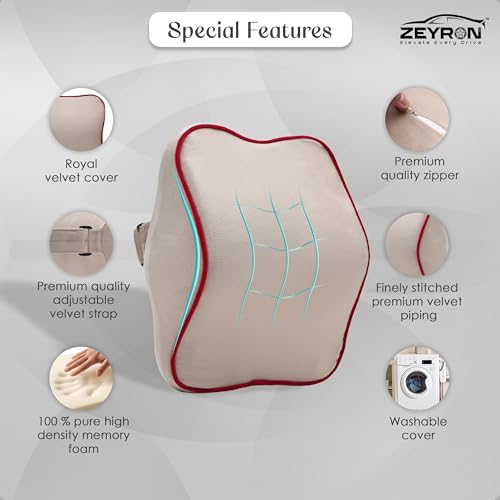 Image of Premium Car Neck Rest Pillow with 3-Year Warranty | Ergonomic Memory Foam Neck Pillow for Car | Exquisite Neck Rest with Elegant Packaging | Beige with Red Piping (Pack of 1)