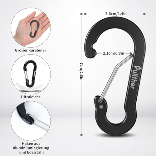 pullther 10 Stück Karabinerhaken, 70mm/2.76’’ Karabinerhaken groß, Aluminium D-Ring Karabiner Schlüsselanhänger für Outdoor Sport, Wandern, Camping, Angeln - Mehrfarbig