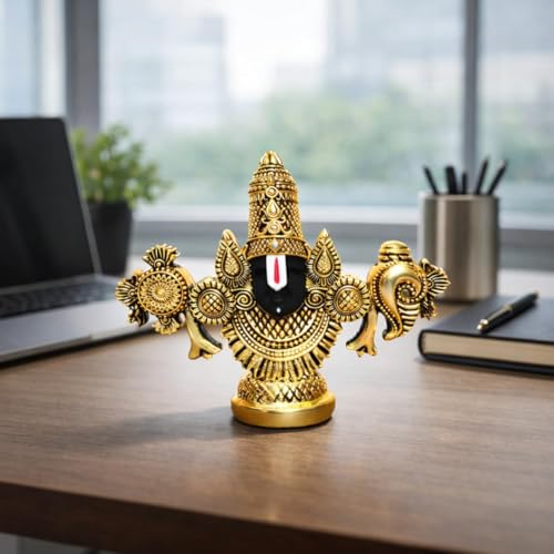 Image of Gold Art India Lord Venkateswara Balaji Idol | Gold-Plated Antique Matte Finish Murti | 3.5 x 4.2 inch | Tirupati Balaji Statue for Home Mandir, Office & Gifting