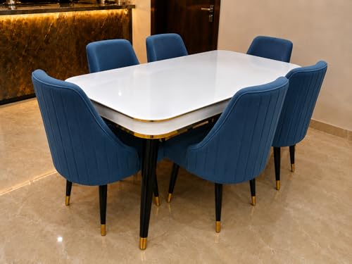 Image of WOODEN SPACE 6-Seater Wooden Dining Table Set | Nano Composite Marble Top | Solid Wood Base | Modern Dining Room Furniture with 6 Chairs (Blue Infinity Backline)