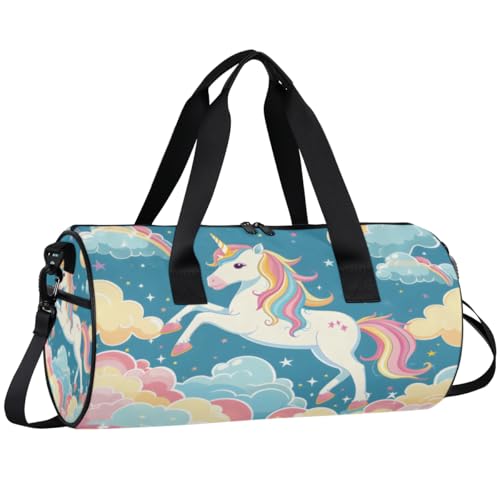 Unicorn Rainbows Round Barrel Sports Fitness Bag, Blue Pink White Travel Luggage Bag, Reusable Handbag, Suitable For Men and Women