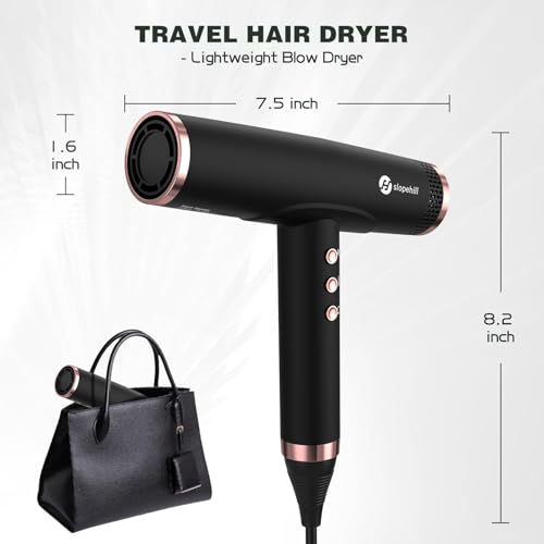 Image of slopehill Professional Ionic Hair Dryer with Diffuser - Lightweight, Compact, Powerful & Fast Salon Blow Dryer with High Speed Brushless Motor for Travel, Women & Men Ceramic, Black