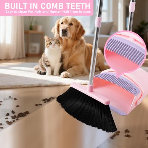 Image of BSKLIN Broom and Dustpan Set, 52 inch Long Adjustable Handle Broom with Dustpan Combo Set with Dust Pan Teeth to Clean Hair for Home Lobby Office Kitchen (Small-Pink-Purple)