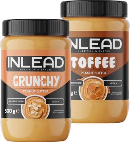 INLEAD - Peanut Butter | Mantequilla de cacahuete cremosa y sin azúcar, sin aceite de palma | Rica en proteínas | Aperitivo ideal para picar entre horas - 2x 500g (MIX - Crunchy + Toffee)