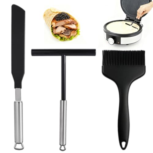 AEMCHDM 3 Pièces Répartiteur de Crêpes et Spatule, Spatule à Crêpes en Acier Inoxydable 304 et Silicone,Outil Pâtisserie en T Raclette à Pâte pour la...