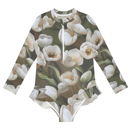 ALAZA Swimsuit for Girls Long Sleeve Rashguard Bathing Suit White Tulips Quick Dry 4T
