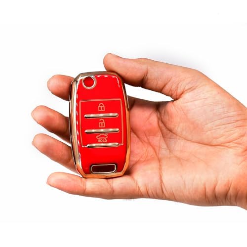 Image of KMH TPU Gold Car Smart Key Cover Compatible for Kia Seltos and Sonet 3 Push Button Smart Flip Key Shell Case Holder, Full Key Protection (Red Gold) Pack of 2