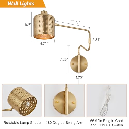 Image of Brass Plug in Wall Sconce, Large Adjustable Swing Arm Wall Light Fixture Modern Gold Wall Sconces for Living Room Up Down Hollow Lampshade Bedroom Wall Mount Lamp
