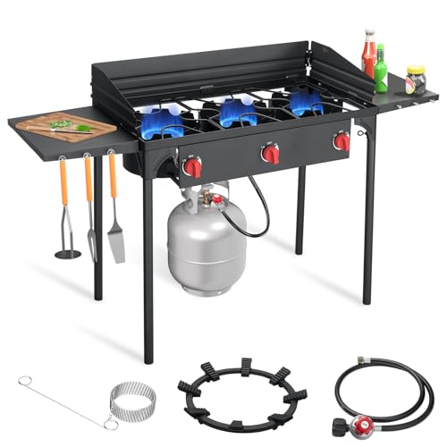 SKOK 3 Burners Propane Stove with Side Shelves & Wind Panel, Portable Camping Stove with 225,000 High Efficiency Propane Burner, Outdoor Stove for Camping, Backyard, Picnic